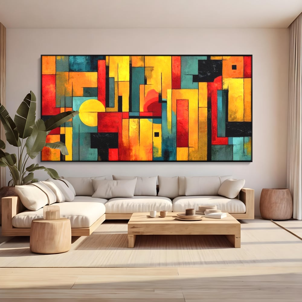 Tablou canvas cu pictura abstracta cu forme geometrice urbane, in rama de aluminiu negru, pe perete intr-un living